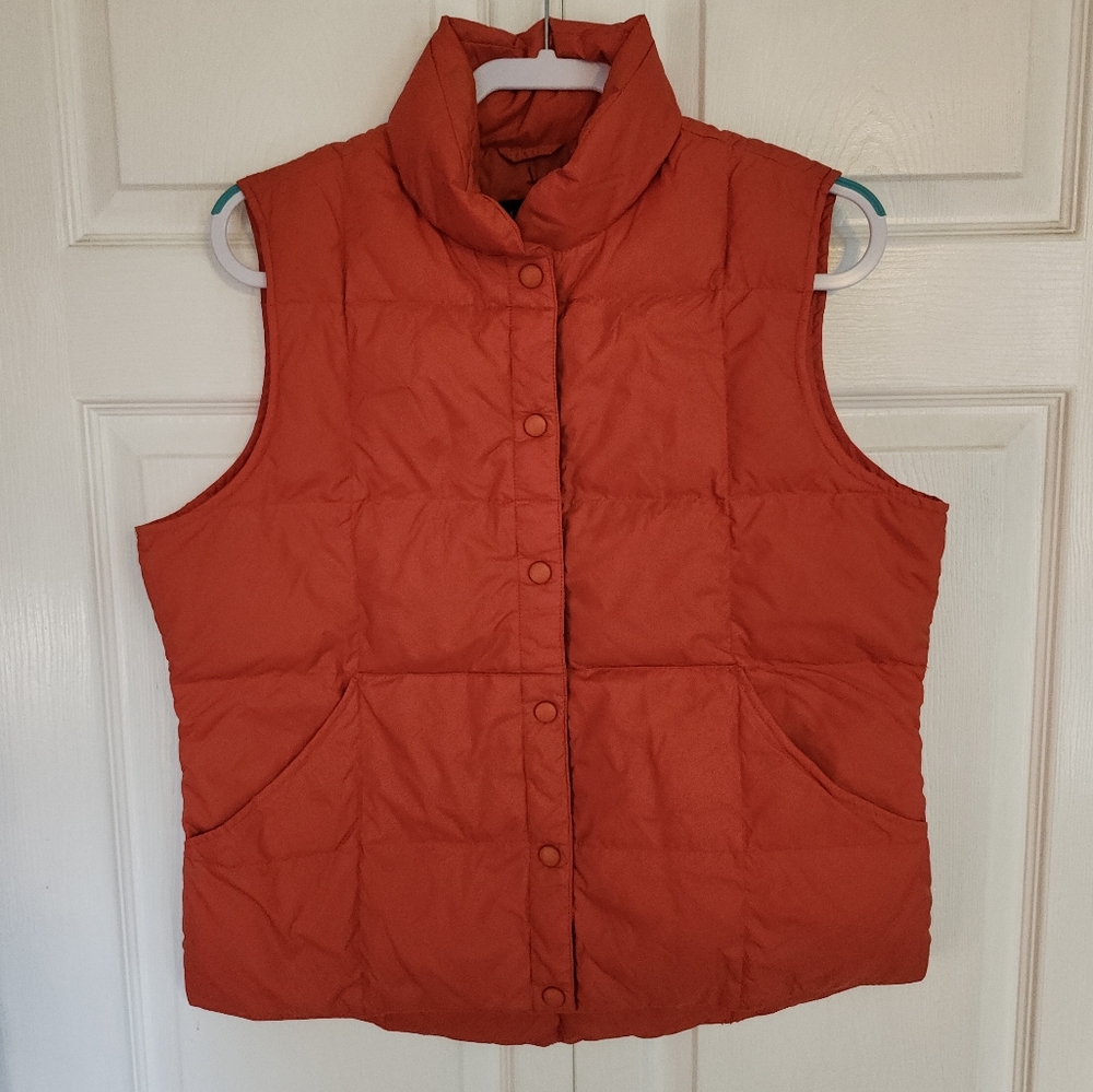 LANDS' END ORANGE QUILTED PUFFER GOOSE DOWN SNAP VEST WINTER WOMENS M(10-12) EUC